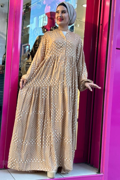 Hazan Puantiyeli Desenli Viskon Elbise Taba