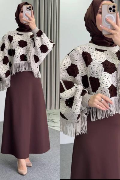 Hilal Püskül Kazaklı Etekli Takım Kahverengi