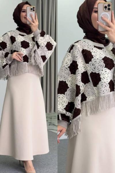 Hilal Püskül Kazaklı Etekli Takım Krem