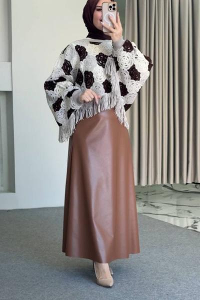 Hilal Püskül Kazaklı Etekli Takım Koyu Kahverengi