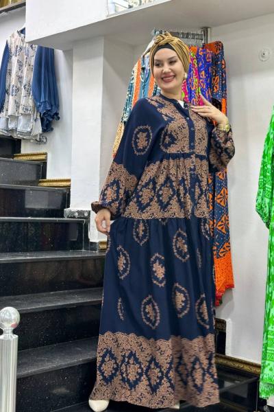 hürrem desenli viskon elbise Lacivert