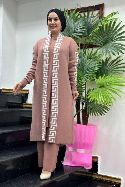 KAMELYA Desenli Yelekli Triko Takım Gül