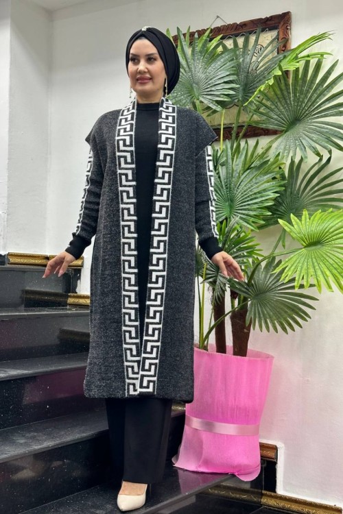 KAMELYA Desenli Yelekli Triko Takım Siyah