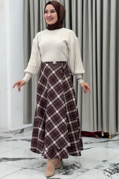 Kampanyalı İthal Ekose Etekli İkili Takım Kahverengi