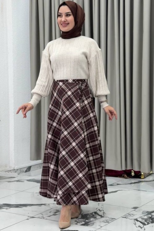 Kampanyalı İthal Ekose Etekli İkili Takım Kahverengi