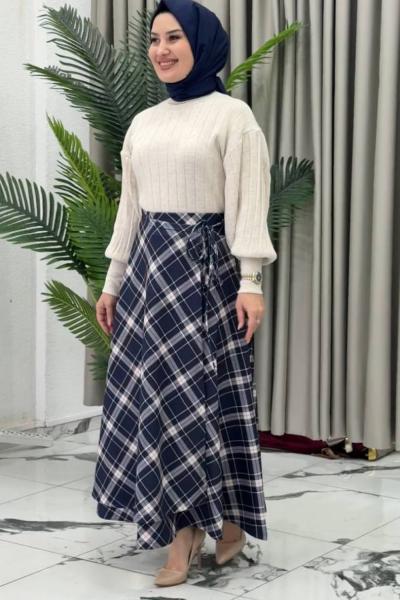 Kampanyalı İthal Ekose Etekli İkili Takım Lacivert