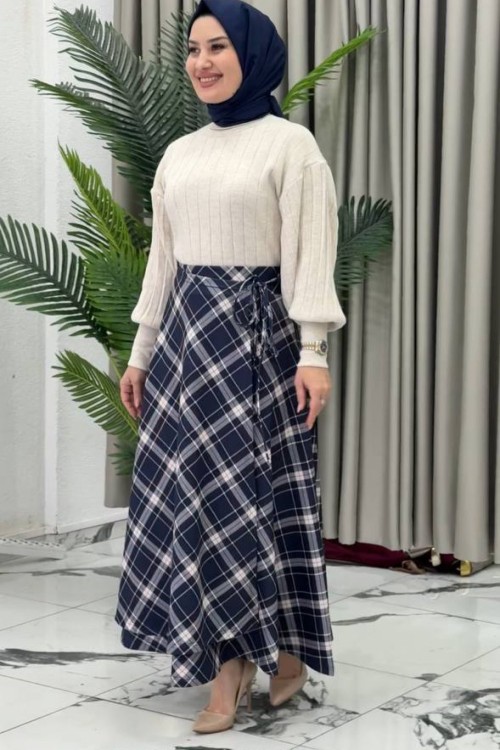 Kampanyalı İthal Ekose Etekli İkili Takım Lacivert