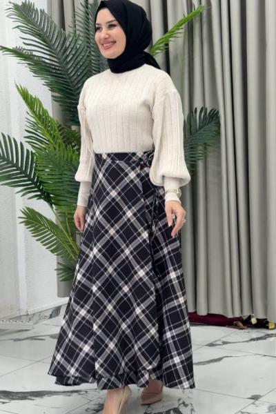 Kampanyalı İthal Ekose Etekli İkili Takım Siyah