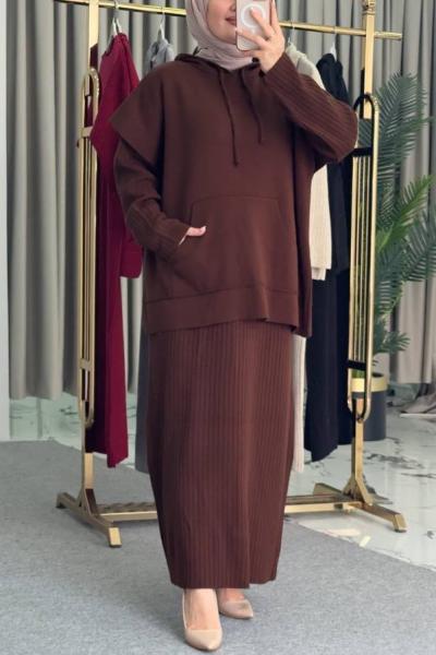 Kapişonlu Süveter Elbise Kahverengi