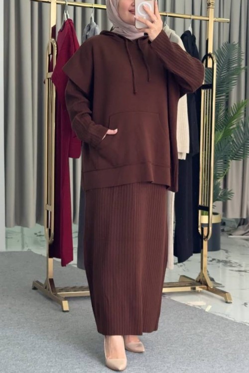 Kapişonlu Süveter Elbise Kahverengi