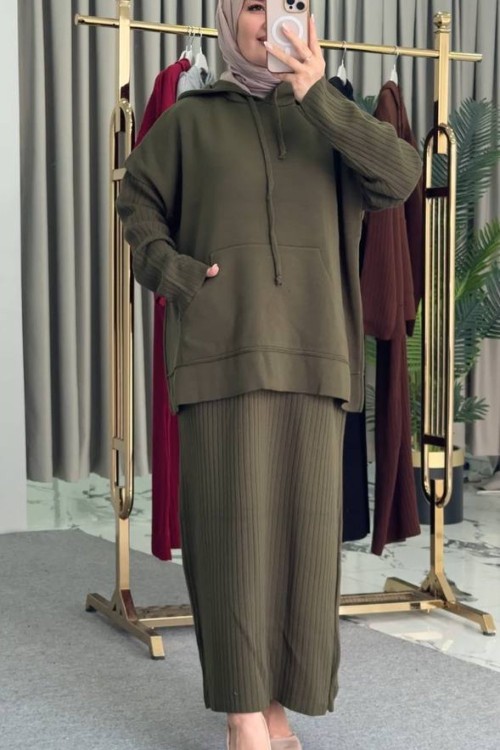 Kapişonlu Süveter Elbise Haki