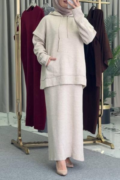 Kapişonlu Süveter Elbise Krem