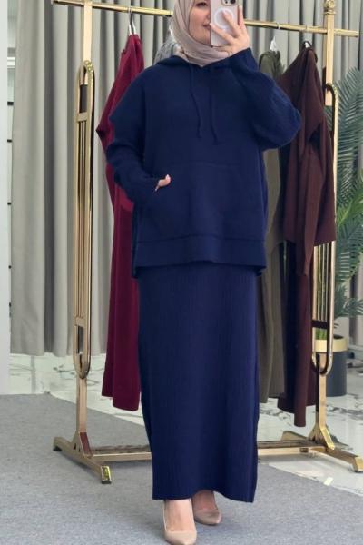 Kapişonlu Süveter Elbise Lacivert