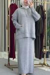 Kapişonlu Süveter Elbise Gri
