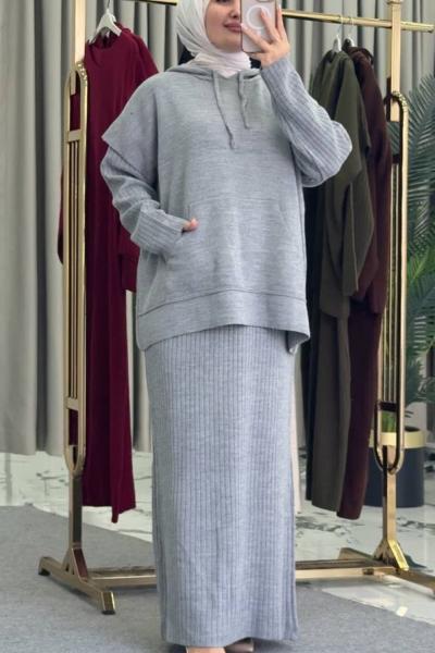 Kapişonlu Süveter Elbise Gri