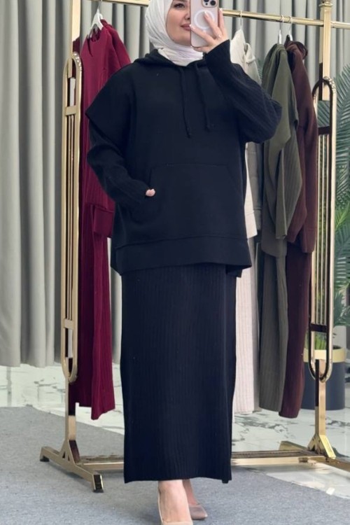 Kapişonlu Süveter Elbise Siyah