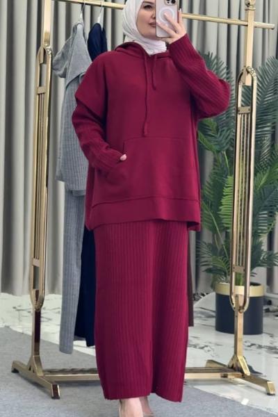 Kapişonlu Süveter Elbise Bordo