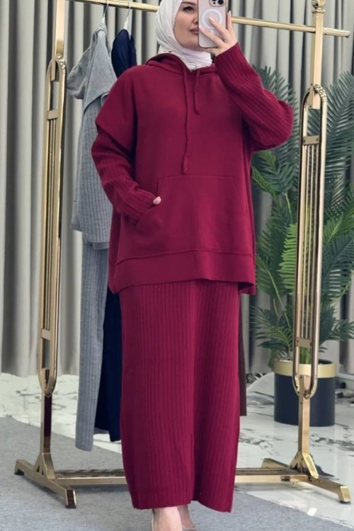 Kapişonlu Süveter Elbise Bordo