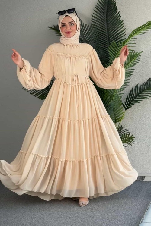 Kat Kat Şifon Elbise Krem