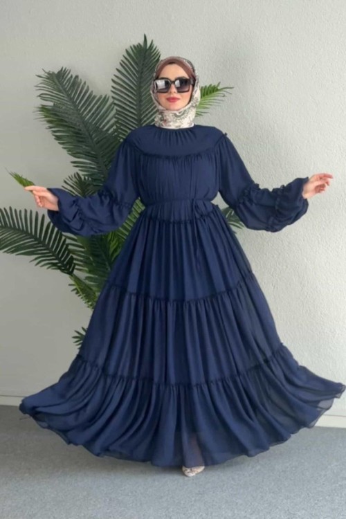 Kat Kat Şifon Elbise Lacivert