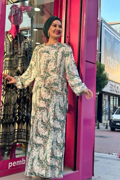 Kösem Şifon Pliseli elbise Yeşil