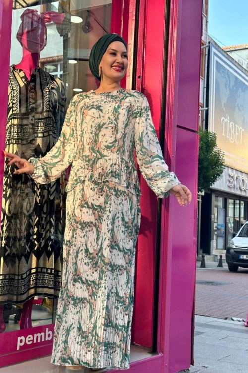 Kösem Şifon Pliseli elbise Yeşil