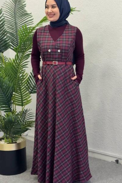 Küçük Ekose İkili Elbiseli Takım Bordo Siyah