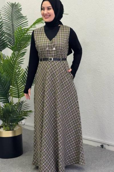 Küçük Ekose İkili Elbiseli Takım Fıstık Yeşili