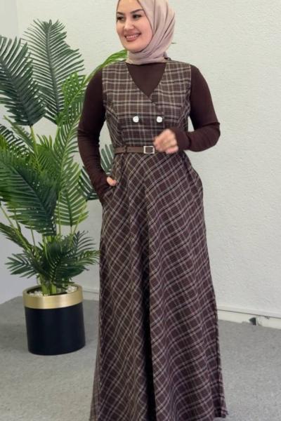 Küçük Ekose İkili Elbiseli Takım Acı Kahve