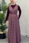 Küçük Ekose İkili Elbiseli Takım Bordo Beyaz