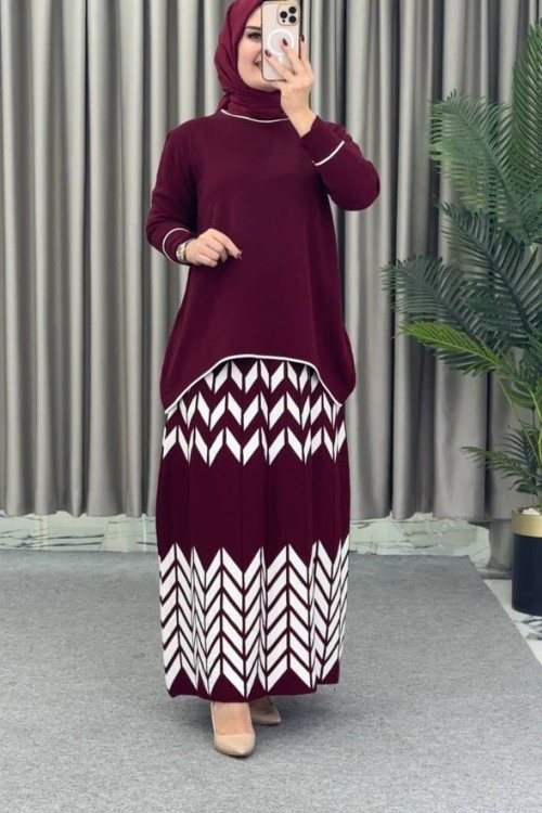 Kuğu Etekli Triko Takım Bordo