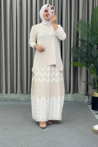 Kuğu Etekli Triko Takım Krem