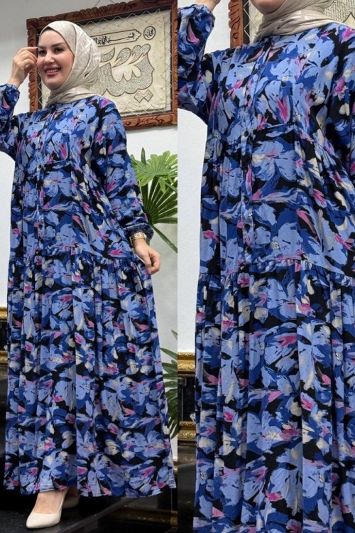 Kuğu Viskon Elbise Gök Mavi