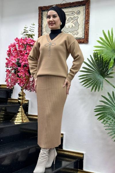 KURDELE detaylı triko etekli takım Sütlü Kahve