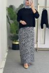 Leopar Desenli Etekli Triko Takım Gri