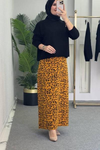 Leopar Desenli Etekli Triko Takım Hardal Siyah