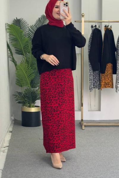 Leopar Desenli Etekli Triko Takım Kırmızı