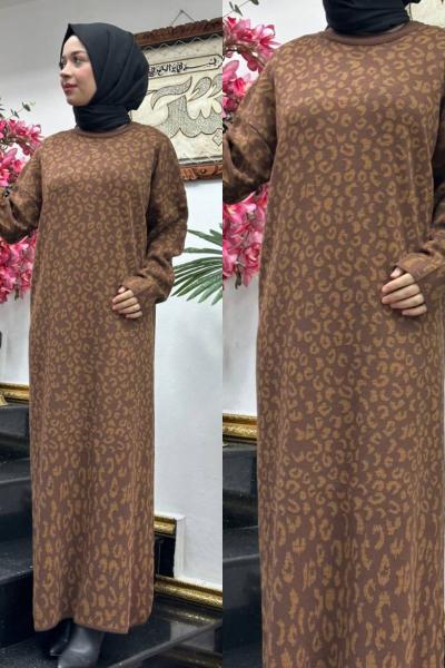 LEOPAR Desenli Triko Elbise Kahverengi