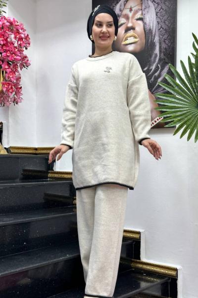 Leylak Triko Pantolonlu İkili Takım Krem