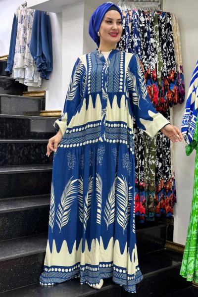 Mahidevran Desenli Viskon Elbise Mavi