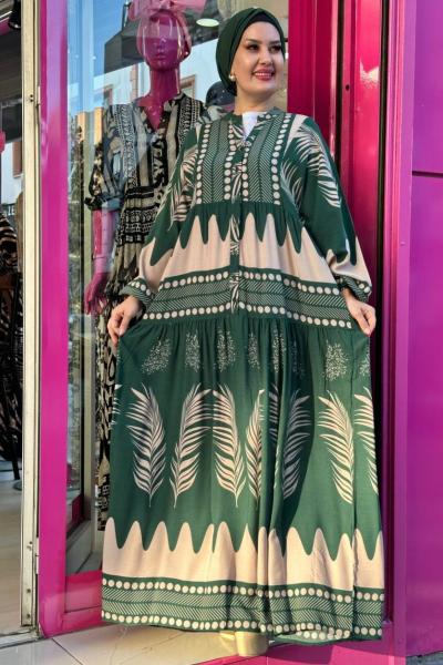 Mahidevran Desenli Viskon Elbise Zümrüt