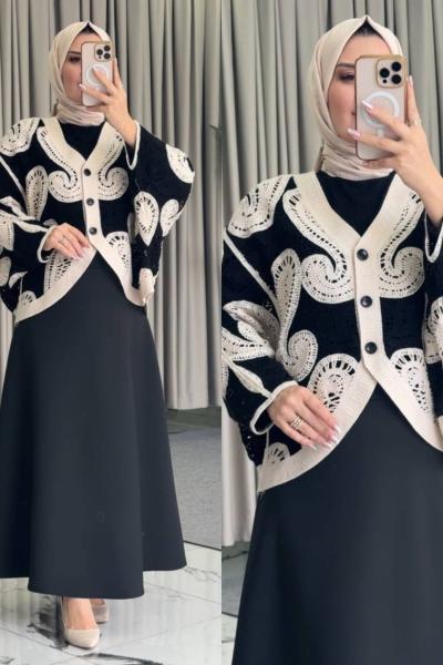 Manolya Dantelli Etekli Takım krem siyah