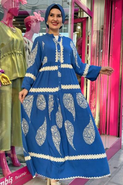 MERCAN  DESENLİ VİSKON ELBİSE Mavi
