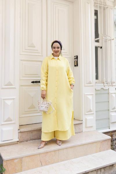 MİA Cepli Salaş Tunik Pantolon Takım Sarı