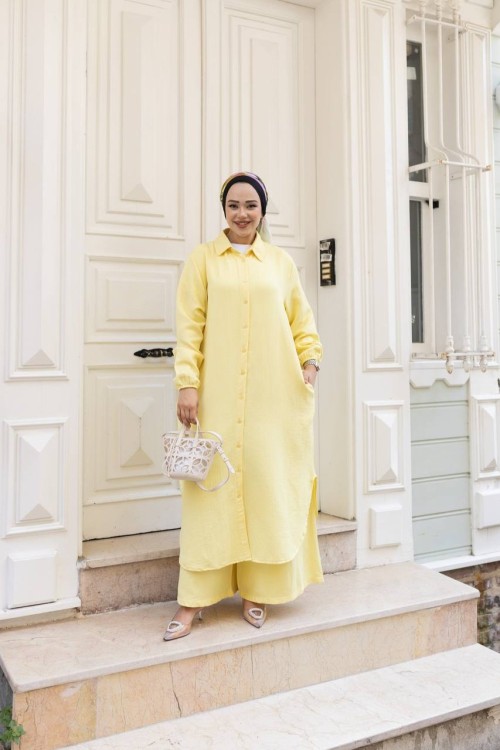 MİA Cepli Salaş Tunik Pantolon Takım Sarı