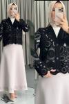 Mina Dantel Üstlü Etekli Takım Siyah Taş
