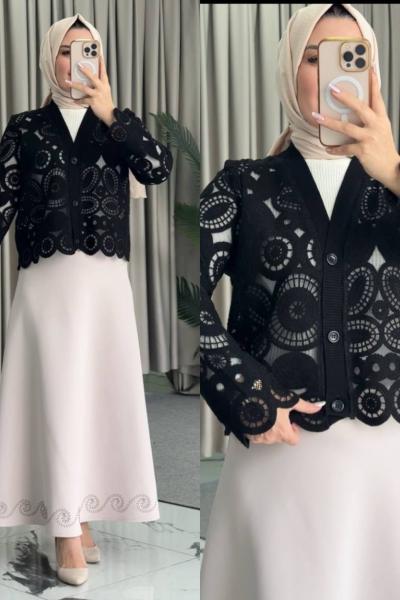 Mina Dantel Üstlü Etekli Takım Siyah Taş