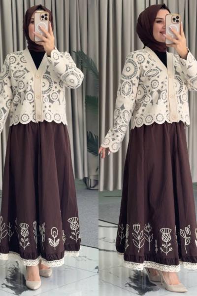 Mina Dantel Üstlü Etekli Takım Kahverengi Bej