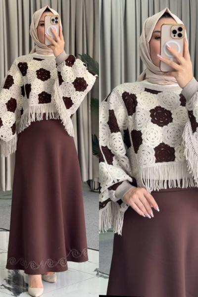 Mira Püskül Kazaklı Etekli Takım Kahverengi