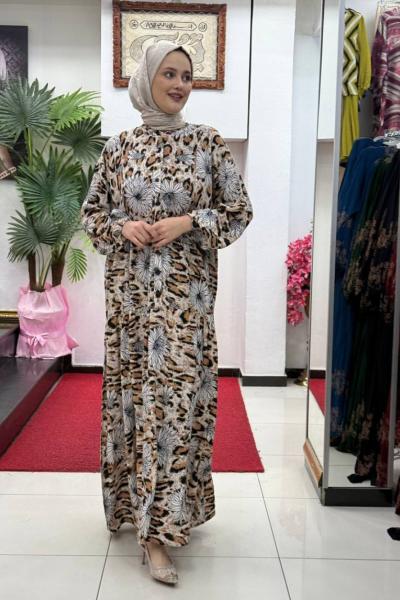 Nar Çiçeği Viskon Elbise Sütlü Kahve